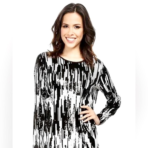 Michaell Kors Long Sleeve Black/White Mini Sequin Shimmery Static Shift Dressss - Picture 5 of 8